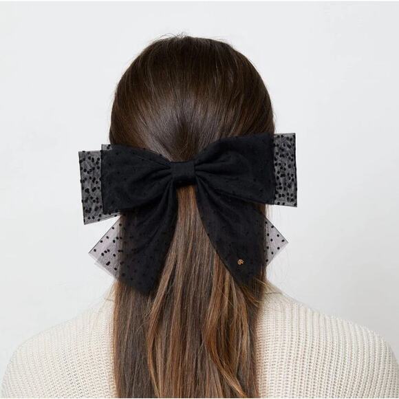 RARE Lele Sadoughi Black Sheer Bow Barrette Gold Charm Logo - Picture 3 of 8
